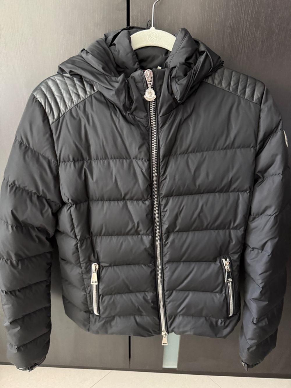 Moncler Black Orion Puffer Jacket with Leather Shoulder Pads - Size 4